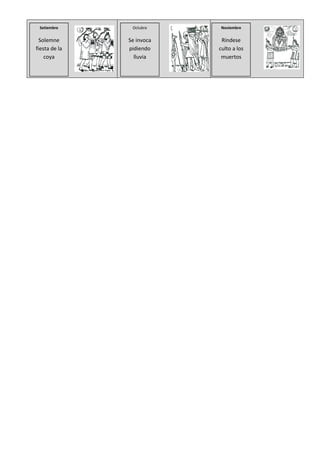 Setiembre      Octubre    Noviembre

  Solemne      Se invoca    Ríndese
fiesta de la   pidiendo    culto a los
    coya         lluvia     muertos
 