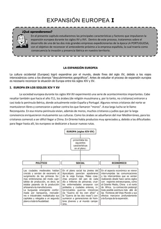 EXPANSIÓN EUROPEA I
          ¿Qué aprenderemos?
                  En el presente capítulo estudiaremos las principales características y factores que impulsaron la
                  expansión europea durante los siglos XV y XVI. Dentro de este proceso, trataremos sobre el
                  desarrollo de una de las dos más grandes empresas expedicionarias de la época LA PORTUGUESA;
                  con el objetivo de reconocer el antecedente próximo a la empresa española, la cual traería como
                  consecuencia la invasión y presencia ibérica en nuestro territorio.




                                                 LA EXPANSIÓN EUROPEA

La cultura occidental (Europea) logró expandirse por el mundo, desde fines del siglo XV, debido a los viajes
interoceánicos como a los diversos “descubrimientos geográficos”. Antes de estudiar el proceso de expansión europea
es necesario reconocer la situación de Europa entre los siglos XIV y XV.

I. EUROPA EN LOS SIGLOS XIV Y XV

        La sociedad europea durante los siglos XIV-XV experimentó una serie de acontecimientos importantes. Cabe
resaltar también que hacia el año 711, los árabes (de religión musulmana y, por lo tanto, no cristianos) entraron a
casi toda la península ibérica, donde actualmente están España y Portugal. Algunos reinos cristianos del norte se
mantuvieron libres y comenzaron a pelear contra los que llamaron "moros". A esa larga lucha se le llamo
Reconquista. En esa misma península vivían, además de moros, muchos cristianos y judíos que por la larga
convivencia enriquecieron mutuamente sus culturas. Como los árabes se adueñaron del mar Mediterráneo, para los
cristianos comenzó a ser difícil llegar a China. En Oriente había productos muy apreciados y, debido a las dificultades
para llegar hasta allí, los europeos se dedicaron a buscar nuevas rutas.




           Las ciudades medievales habían        En el plano social los jinetes del   En el aspecto económico se vieron
           crecido y servían de escenario al     Apocalipsis parecían apoderarse      interrumpidas las comunicaciones
           surgimiento de las primeras for-      de la vieja Europa. Malas cose-      y los intercambios que se venían
           mas embrionarias del modo capi-       chas privaron del pan de cada        realizando desde hace varios siglos
           talista de producción, es decir, se   día a millones de personas; crue-    con regiones extraeuropeas, como
           estaba pasando de la producción       les enfermedades arrasaron con       el Oriente Medio, China o el norte
           artesanal a la manufacturera.         poblados y ciudades enteras; in-     de África. La contracción postergó
           La burguesía emergente confor-        terminables guerras intestinas       toda posible aventura más allá de
           mada por banqueros, mercade-          (la “Guerra de los cien años” y      las fronteras del Viejo Mundo y sus
           res e industriales multiplicaba sus   la “Guerra de las dos rosas”) con-   efectos marcaron profundamente
           capitales y relegaba a un segundo     sumieron a generaciones de hom-      a la Europa de la expansión.
           plano a toda la feudalidad.           bres jóvenes y al mundo campe-
                                                 sino.
 