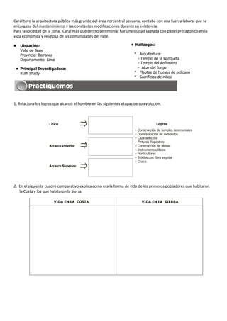 Caral tuvo la arquitectura pública más grande del área norcentral peruana, contaba con una fuerza laboral que se
encargaba del mantenimiento y las constantes modificaciones durante su existencia.
Para la sociedad de la zona, Caral más que centro ceremonial fue una ciudad sagrada con papel protagónico en la
vida económica y religiosa de las comunidades del valle.

•   Ubicación:                                                       • Hallazgos:
    Valle de Supe
    Provincia: Barranca                                                * Arquitectura:
    Departamento: Lima                                                  - Templo de la Banqueta
                                                                        - Templo del Anfiteatro
 • Principal Investigadora:                                             - Altar del fuego
   Ruth Shady                                                          * Flautas de huesos de pelícano
                                                                       * Sacrificios de niños




1. Relaciona los logros que alcanzó el hombre en las siguientes etapas de su evolución.



                     Lítico                                                         Logros
                                                                       - Construcción de templos ceremoniales
                                                                       - Domesticación de camélidos
                                                                       - Caza selectiva
                                                                       - Pinturas Rupestres
                     Arcaico Inferior                                  - Construcción de aldeas
                                                                       - Instrumentos líticos
                                                                       - Horticultores
                                                                       - Tejidos con fibra vegetal
                                                                       - Chaco
                     Arcaico Superior




2. En el siguiente cuadro comparativo explica como era la forma de vida de los primeros pobladores que habitaron
   la Costa y los que habitaron la Sierra.

                        VIDA EN LA COSTA                                   VIDA EN LA SIERRA
 