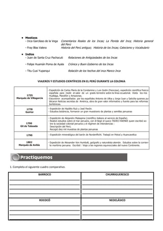 • Mestizos
           - Inca Garcilaso de la Vega       Comentarios Reales de los Incas; La Florida del Inca; Historia general
                                             del Perú
            - Fray Blas Valera               Historia del Perú antiguo; Historia de los Incas; Catecismo y Vocabulario

         • Indios
           - Juan de Santa Cruz Pachacuti           Relaciones de Antigüedades de los Incas

            - Felipe Huamán Poma de Ayala           Crónica y Buen Gobierno de los Incas

            - Titu Cusi Yupanqui                    Relación de los hechos del inca Manco Inca


                         VIAJEROS Y ESTUDIOS CIENTÍFICOS EN EL PERÚ DURANTE LA COLONIA

                                 - Expedición de Carlos María de la Condamine y Luis Godin (francesa), expedición científica franco-
                                   española para medir el valor de un grado terrestre sobre la línea ecuatorial. Visita los ríos
            1735                   Huallaga, Marañón y Amazonas.
     Marqués de Villagarcía      - Estuvieron acompañados por los españoles Antonio de Ulloa y Jorge Juan y Saticilia quienes pu-
                                   blicaron Noticias secretas de América, obra de gran valor informativo y fuente para las reformas
                                   borbónicas.

             1778                - Expedición de Hipólito Ruíz y José Pavón.
            Guirior              - Estudios botánicos, formaron un gran muestrario de plantas y semillas peruanas

                                 - Expedición de Alejandro Malaspina (científico italiano al servicio de España).
                                 - Realizó estudios sobre el mar peruano, con él llegó el sueco TADEO HAENKE quien escribió so-
             1790                  bre la sociedad colonial peruana y el régimen de intendencias :
        Gil de Taboada             Descripción del Perú.
                                   Recogió diez mil muestras de plantas peruanas

             1790                - Expedición mineralógica del barón de Nordenflicht. Trabajó en Potosí y Huancavelica


            1802                 - Expedición de Alexander Von Humbolt, geógrafo y naturalista alemán. Estudios sobre la corrien-
       Marqués de Avilés           te marítima peruana. Escribió : Viaje a las regiones equinocciales del nuevo Continente.




1. Completa el siguiente cuadro comparativo.

                         BARROCO                                                         CHURRIGUERESCO




                          ROCOCÓ                                                             NEOCLÁSICO
 