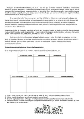 Pero para la matemática María Reiche, no es así. Ella cree que los nazcas poseían la facultad del pensamiento
abstracto, conocían la aritmética y dominaban un método topográfico. A partir de fotos aéreas, dedujo que los nazcas
elaboraron las figuras utilizando sus conocimientos en geometría. Dice, además, que poseían una unidad de medida
basada en las del cuerpo humano, con las que elaboraron los dibujos, que estarían vinculados con la periodicidad de
los movimientos de las estrellas y planetas.

        El norteamericano Jim Woodman, junto a su amigo Bill Sphorer, elaboró otra teoría, que afirmaba que los
Nazcas dominaban la navegación aérea. Se inspiró para ello en la decoración de las piezas de alfarería, donde creyó
ver globos y hombres - pájaro estilizados. Incluso construyó un globo con los materiales del lugar y sobrevoló la
meseta, añadiendo que en aquella época levantarían vuelo gracias a supuestos pozos circulares ennegrecidos que
calentarían el aire del artefacto.

Esta teoría terminó de convencer a algunas personas, y a él mismo, cuando se hallaron restos de telas en tumbas
nazcas, más livianas que las de los paracaídas, e impermeables, ideales para construir globos. Así, desde el aire, este
pueblo podría supervisar lo que dibujaban, teniendo una visión de conjunto.

        Recientemente, la científica polaca Yadwiga Paekiewiez aseguró haber descifrado los geoglifos. Para ella,
estos pictogramas contienen un mensaje : serían una especie de «Biblia de piedra», según la lectura que la científica
hace del mensaje, que hace notar que el autor fue, bien un clarividente, o bien se trata de un testimonio
completamente delirante...

Tomando en cuenta la lectura, desarrolla lo siguiente :

1. En el siguiente cuadro, señala las hipótesis propuestas sobre las Líneas de Nazca, por:

                         Toribio Mejía Xesspe             Paul Kosok             María Reiche




             Erich Von Däniken         Arthur C. Clarke                Jim Woodman           Yadwiga Paekiewicz




2.   Explica cómo fue que Paul Kosok concluyó que las líneas de Nazca fueron un calendario astronómico.
3.   ¿Cómo explicó María Reiche la realización de las líneas de Nazca?
4.   Según lo explicado en clase señala qué otras hipótesis sobre las líneas de Nazca se manejan actualmente.
5.   Según tu opinión, ¿cuál fue el fin o significado de las líneas de Nazca? ¿Qué opinión te merece la hipótesis de Erich
     Von Dänikon y de Jim Woodman?
 