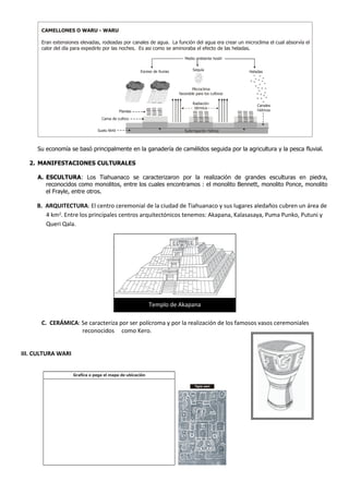 CAMELLONES O WARU - WARU

      Eran extensiones elevadas, rodeadas por canales de agua. La función del agua era crear un microclima el cual absorvía el
      calor del día para expedirlo por las noches. Es asi como se aminoraba el efecto de las heladas.
                                                                               Medio ambiente hostil


                                                        Exceso de lluvias           Sequía
                                                                                                          Heladas



                                                                                    Microclima
                                                                            favorable para los cultivos

                                                                                    Radiación
                                                                                                              Canales
                                                                                     térmica
                                              Plantas                                                         hídricos

                                 Cama de cultivo


                               Suelo fértil                                    Subirrigación hídrica



     Su economía se basó principalmente en la ganadería de camélidos seguida por la agricultura y la pesca fluvial.

  2. MANIFESTACIONES CULTURALES

     A. ESCULTURA: Los Tiahuanaco se caracterizaron por la realización de grandes esculturas en piedra,
        reconocidos como monolitos, entre los cuales encontramos : el monolito Bennett, monolito Ponce, monolito
        el Frayle, entre otros.

     B. ARQUITECTURA: El centro ceremonial de la ciudad de Tiahuanaco y sus lugares aledaños cubren un área de
        4 km2. Entre los principales centros arquitectónicos tenemos: Akapana, Kalasasaya, Puma Punko, Putuni y
        Queri Qala.




                                                            Templo de Akapana

      C. CERÁMICA: Se caracteriza por ser polícroma y por la realización de los famosos vasos ceremoniales
                   reconocidos como Kero.


III. CULTURA WARI


                    Grafica o pega el mapa de ubicación

                                                                                     Tapiz wari
 