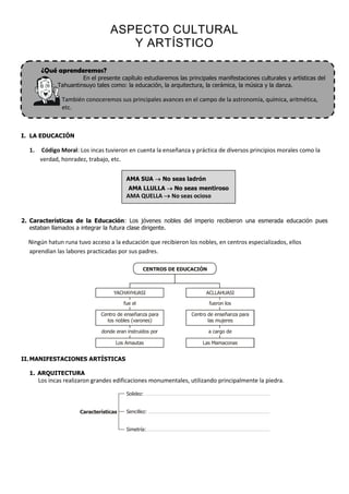 ASPECTO CULTURAL
                                     Y ARTÍSTICO

        ¿Qué aprenderemos?
                       En el presente capítulo estudiaremos las principales manifestaciones culturales y artísticas del
              Tahuantinsuyo tales como: la educación, la arquitectura, la cerámica, la música y la danza.

               También conoceremos sus principales avances en el campo de la astronomía, química, aritmética,
               etc.



I. LA EDUCACIÓN

  1.    Código Moral: Los incas tuvieron en cuenta la enseñanza y práctica de diversos principios morales como la
       verdad, honradez, trabajo, etc.


                                          AMA SUA  No seas ladrón
                                          AMA LLULLA  No seas mentiroso
                                          AMA QUELLA  No seas ocioso


2. Características de la Educación: Los jóvenes nobles del imperio recibieron una esmerada educación pues
   estaban llamados a integrar la futura clase dirigente.

  Ningún hatun runa tuvo acceso a la educación que recibieron los nobles, en centros especializados, ellos
  aprendían las labores practicadas por sus padres.

                                                 CENTROS DE EDUCACIÓN



                                    YACHAYHUASI                         ACLLAHUASI

                                        fue el                           fueron los

                               Centro de enseñanza para           Centro de enseñanza para
                                 los nobles (varones)                    las mujeres

                               donde eran instruidos por                 a cargo de

                                     Los Amautas                      Las Mamaconas


II. MANIFESTACIONES ARTÍSTICAS

  1. ARQUITECTURA
       Los incas realizaron grandes edificaciones monumentales, utilizando principalmente la piedra.

                                          Solidez:


                      Características     Sencillez:


                                          Simetría:
 