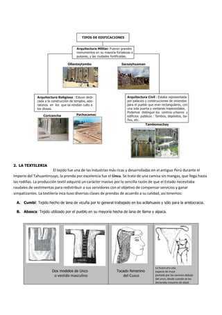 TIPOS DE EDIFICACIONES


                                         Arquitectura Militar: Fueron grandes
                                         monumentos en su mayoría fortalezas o
                                         pukaras, y las ciudades fortificadas.

                                   Ollantaytambo                      Sacsayhuaman




              Arquitectura Religiosa : Estuvo dedi-                       Arquitectura Civil : Estaba representada
              cada a la construcción de templos, ado-                     por palacios y construcciones de viviendas
              ratorios en los que se rendían culto a                      para el pueblo que eran rectangulares, con
              los dioses.                                                 una sola puerta y ventanas trapezoidales.
                                                                          Podemos distinguir los centros urbanos y
                  Coricancha             Pachacamac                       edificios públicos : Tambos, depósitos, ba-
                                                                          ños, etc.
                                                                                       Tambomachay




2. LA TEXTILERIA
                         El tejido fue una de las industrias más ricas y desarrolladas en el antiguo Perú durante el
Imperio del Tahuantinsuyo, la prenda por excelencia fue el Uncu. Se trata de una camisa sin mangas, que llega hasta
las rodillas. La producción textil adquirió un carácter masivo por la sencilla razón de que el Estado necesitaba
raudales de vestimentas para redistribuir a sus servidores con el objetivo de compensar servicios y ganar
simpatizantes. La textilería inca tuvo diversas clases de prendas de acuerdo a su calidad, así tenemos:

 A. Cumbi: Tejido hecho de lana de vicuña por lo general trabajado en los acllahuasis y sólo para la aristocracia.

 B. Abasca: Tejido utilizado por el pueblo en su mayoría hecha de lana de llama y alpaca.




                                                                                             La huara era una
                        Dos modelos de Unco                        Tocado femenino           especie de trusa
                         o vestido masculino                           del Cusco             portada por los varones debajo
                                                                                             del unco, desde cuando se les
                                                                                             declaraba mayores de edad.
 