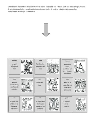 Establecieron el calendario para determinar las fechas exactas del año y meses. Cada año traía consigo una serie
de actividades agrícolas y ganaderas junto con las espirituales de carácter mágico religiosos que iban
acompañados de festejos y ceremonias.
Enero
Penitencias
y ayunos del
inca
Febrero
Mes de las
flores,
sacrificios con
oro y plata en
abundancia
Marzo
Mes de
mucha lluvia;
sacrificios de
animales
Abril
Fiesta del
inca
Mayo
Mes de la
cosecha, en
que se la
almacena
Junio
Se bebe con
el Sol en la
fiesta de
este astro
Julio
Se reparte la
tierra y se
preparan los
sembríos
Agosto
La siembra
de las
chacras
Diciembre
La gran
pascua del
Sol
 