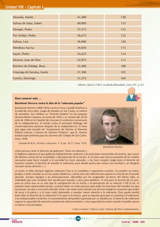 124
Colegios
TRILCE Central: 6198 - 100
Miranda, Martín 41,400 138
Salinas de Salas, Isabel 40,000 133
Denegrí, Pedro 37,575 125
Paz Soldán, Pedro 36,675 122
Salinas, Luis 36,000 120
Mendoza Aacrsa 34,650 115
Sayán, Pedro 34,425 114
Moreno, Juan de Dios 33,975 113
Ramírez de Zukttga, Rosa 32,400 108
Urquiaga de Sarratsa, Josefa 31,500 105
Camilo, Domingo 51,275 104
Alfonso, Quiroz (1987). La deuda defraudada. Lima: INC, p.161.
Para conocer más …
Bartolomé Herrera contra la idea de la “soberanía popular”
Bartolomé Herrera (1808-1864) nació en Lima y quedó huérfano a
la edad de cinco años. Luego de estudiar en San Carlos, se ordenó
de sacerdote. Son célebres su “Oración fúnebre” en las exequias
del presidente Gamarra, en enero de 1842 y su sermón del 28 de
julio de 1846 en la Catedral de Lima por el veinticinco aniversario
de la independencia. Es tenido como el principal ideólogo del
conservadurismo peruano después de la independencia. El texto
que sigue está tomado de “Anotaciones de Herrera al Derecho
Público Interno y Externo de Silvestre Pinheiro”, que B. Herrera
tradujo especialmente para los alumnos del Colegio de San Carlos.
Lima: 1848.
Tomado de B.H., Escritos y discursos. T. II; pp. 26-27. Lima: 1929.
¿Qué persona tiene el derecho de gobernar? Tiene ese derecho y
es legítimo soberano el que gobierna habitualmente conforme a los principios reconocidos de justicia, que nacen
del destino común de las sociedades y del particular de la nación. Es el único que está en posesión de los medios
necesarios para hacer cumplir a la sociedad las leyes naturales, y las hace cumplir; luego tiene el derecho de
hacerlas cumplir, el derecho de mandar la soberanía; pues donde quiera que vemos una facultad y un designio
racional vemos derecho. (...)
¿A quién se debe declarar legítimo soberano? Esta es la verdadera e importante cuestión. No pueden ser todos;
porque si todos mandan ya no hay quien obedezca; y basta esta sola reflexión para apartar la vista de tan chocante
absurdo. Aunque repugne a las preocupaciones, difundidas por los exagerados escritores del último siglo, es
indudable que unos hombres han nacido para mandar y otros para obedecer. Si solo para la función de un juez,
para un juicio que no es más que la averiguación de un hecho y la percepción de su relación COB la leí, se
requiere tanta superioridad mental, ¿cuántas dotes no serán precisas para todas las funciones del mando? Los que
las posean, los que a una razón elevada, firme y de vastas miras reúnan uno de esos enérgicos corazones que arden
de amor a la patria y a lo justo, están destinados a mandar, tienen derecho a la soberanía. Pero ¿quién tendrá
entre ellos el derecho de la soberanía? O lo que es lo mismo, ¿qué se requiere para que se constituya el soberano?
Una indispensable condición: el consentimiento del pueblo expresado por su obediencia. El derecho de soberanía
supone la capacidad de ejercerla actualmente (efectivamente): y esta capacidad no existe cuando el pueblo opone
su fuerza a los preceptos.
Carlos Contreras / Marcos Cueto. Historia del Perú Contemporáneo.
http://fotosyphotos.blogspot.com/2009/08/
dibujo-de-bartolome-herrera.html
Bartolomé Herrera
Unidad VIII - Capítulo 1
 