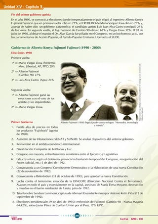200
Colegios
TRILCE Central: 6198 - 100
Fin del primer gobierno aprista
En el año 1990, se convocó a elecciones donde inesperadamente el país eligió al ingeniero Alberto Kenya
Fujimori Fujimori que en primera vuelta obtuvo 27%, el FREDEMO de Mario Vargas Llosa obtuvo 29% y,
a pesar de haber sido un gobierno catastrófico, el candidato aprista Luis Juan Alva Castro consiguió 24%
de los votos. En segunda vuelta, el Ing. Fujimori de Cambio 90 obtuvo 63% y Vargas Llosa 37%. El 28 de
julio de 1990, al dejar el mando el Dr. Alan García fue pifiado en el Congreso, en un bochornoso acto, por
los parlamentarios de Acción Popular, el Partido Popular Cristiano, Libertad y el SUDE.
Gobierno de Alberto Kenya Fujimori Fujimori (1990 - 2000)
Elecciones 1990
Primera vuelta:
1º ⇒ Mario Vargas Llosa (Fredemo:
Mov. Libertad, AP, PPC) 29%
2º ⇒ Alberto Fujimori
(Cambio 90) 27%
3º ⇒ Luis Alva Castro (Apra) 24%
Segunda vuelta:
1º ⇒ Alberto Fujimori ganó las
elecciones con el voto de los
apristas y los izquierdistas.
2º ⇒ Mario Vargas Llosa.
Primer Gobierno
1. Fuerte alza de precios en todos
los productos “Fujishock” (agosto
de 1990).
2. Aumento de las tributaciones: SUNAT y SUNAD. Se anulan dispositivos del anterior gobierno.
3. Reinserción en el ámbito económico internacional.
4. Privatización: Compañía de Teléfonos y Luz.
5. Congreso sin mayoría, enfrentamientos constantes entre el Ejecutivo y Legislativo.
6. Esta coyuntura, según el Gobierno, provocó la disolución temporal del Congreso, reorganización del
Poder Judicial, etc.; 5 de abril de 1992.
7. Convocatoria a un Congreso Constituyente Democrático y la elaboración de una nueva Constitución
(22 de noviembre de 1992).
8. Convocatoria a Referéndum (31 de octubre de 1993), para aprobar la nueva Constitución.
9. Lucha contra el terrorismo: creación de la DINCOTE (Dirección Nacional Contra el Terrorismo).
Ataques en todo el país y especialmente en la capital, asesinato de María Elena Moyano, destrucción
y muertos en el barrio residencial de Tarata, julio de 1992.
10. Triunfo sobre Sendero Luminoso, captura de Abimael Guzmán Reinoso por Antonio Ketín Vidal (12 de
septiembre de 1992).
11. Elecciones presidenciales (9 de abril de 1995): reelección de Fujimori (Cambio 90 - Nueva Mayoría
64,42%), sobre Javier Pérez de Cuéllar (Unión por el Perú, 17% UPP).
http://america.infobae.com/notas/23021-Se-entreg-un-ex-ministro-de-
Alberto-Fujimori
Alberto Fujimori (1990) llegó al poder con su eslogan. “Honradez, tecnología
y trabajo”.
Unidad XIV - Capítulo 3
 