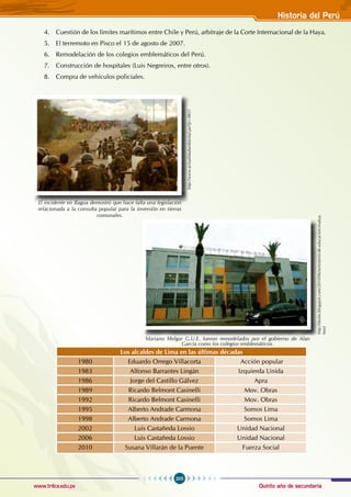 Quinto año de secundaria
205
Historia del Perú
www.trilce.edu.pe
4. Cuestión de los límites marítimos entre Chile y Perú, arbitraje de la Corte Internacional de la Haya.
5. El terremoto en Pisco el 15 de agosto de 2007.
6. Remodelación de los colegios emblemáticos del Perú.
7. Construcción de hospitales (Luis Negreiros, entre otros).
8. Compra de vehículos policiales.
Los alcaldes de Lima en las últimas décadas
1980 Eduardo Orrego Villacorta Acción popular
1983 Alfonso Barrantes Lingán Izquierda Unida
1986 Jorge del Castillo Gálvez Apra
1989 Ricardo Belmont Casinelli Mov. Obras
1992 Ricardo Belmont Casinelli Mov. Obras
1995 Alberto Andrade Carmona Somos Lima
1998 Alberto Andrade Carmona Somos Lima
2002 Luis Castañeda Lossio Unidad Nacional
2006 Luis Castañeda Lossio Unidad Nacional
2010 Susana Villarán de la Puente Fuerza Social
http://www.actualidadambiental.pe/?p=8831
El incidente en Bagua demostró que hace falta una legislación
relacionada a la consulta popular para la inversión en tierras
comunales.
http://drelm.blogspot.com/2010/06/ministerio-de-educacion-evalua.
html
Mariano Melgar G.U.E. fueron remodelados por el gobierno de Alan
García como los colegios emblemáticos.
 
