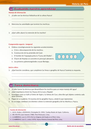 Quinto año de secundaria
31
Historia del Perú
www.trilce.edu.pe
Manejo de información
1. ¿Cuáles son las técnicas hidráulicas de la cultura Nazca?
...........................................................................................................................................................
...........................................................................................................................................................
2. Menciona las autoridades que tuvieron los mochicas.
............................................................................................................................................................
............................................................................................................................................................
3. ¿Qué valles abarcó la extensión de los moches?
............................................................................................................................................................
............................................................................................................................................................
Comprensión espacio - temporal
4. Ordena cronológicamente los siguientes acontecimientos:
a. Crisis y descomposición de los mochica.
b. Construcción de las pirámides de Caral.
c. El hombre de Toquepala pinta la “Cueva del Diablo”.
d. Chavín de Huántar se convierte en principal adoratorio.
e. Los primeros paleomongoloides cruzan Beringia.
Juicio crítico
5. ¿Qué función consideras, que cumplieron las líneas o geoglifos de Nazca? Sustenta tu respuesta.
............................................................................................................................................................
............................................................................................................................................................
............................................................................................................................................................
1. ¿Cuáles fueron las técnicas que desarrollaron los mochica para un mejor manejo del agua?
2. ¿Qué importancia tienen las Huacas de la Luna y Rajada?
3. Investigue cómo se halló al Señor de Sipán y la Señora de Cao y describe qué objetos contenía cada
ajuar funerario.
4. Pegue en su cuaderno 10 muestras de los geoglifos Nazca, señale lo que representan.
5. En un mapa: sombrear con distintos colores la extensión geográfica de los Mochica y Nazca.
Evaluando nuestro aprendizaje
Tarea domiciliaria
Fuentes de información
1. ALVA, Walter y DONNAN, Christopher B. (1993). Tumbas Reales de Sipán. California.
2. DEL BUSTO, José Antonio (1980). Perú Preincaico. Lima.
3. LUMBRERAS, Luis G.(1972) De los Orígenes del Estado en el Perú. Lima.
4. LUMBRERAS, Luis G. y otros (1979). Nueva Historia General del Perú. Lima.
 