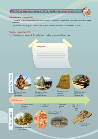 Conociendo y valorando el arte prehispánico
T
A
L L E R
Primera etapa: organización
1. Organizar una salida para conocer la diversidad cultural de los primeros pobladores y civilizaciones
peruanas.
2. Desarrollar una infografía con las fotos que los mismos alumnos han tomado en la visita.
Segunda etapa: exposición
3. Organizarse en grupos de 4 a 6 alumnos y realizar una exposición en clase.
Integrantes:
...............................................................
..............................................................
..............................................................
.............................................................
.............................................................
.............................................................
Escritura
Jeroglífica
Civilización del
Valle del Indo
Civilización
Sumero - Acadia
Hombre de
Cromagnon
8 000 a.C. aprox. 5 000 a.C. aprox. 4 000 a.C. aprox.
Chilca
3 600 a.C.
Ciudad
Caral
2 900 a.C.
2 000 a.C.
30 000 a.C. aprox.
Chivateros
(Chillón)
10 500 a.C. aprox.
Toquepala
7 600 a.C.
40 000 a.C aprox.
La Ciudad Sagrada
de Caral
Cuevas de Toquepala
(pintura rupestre)
El hombre de Chivateros
era nómade
América
y
el
Perú
Europa,
Asia
y
África
 