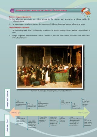 Analizando las causas de la caída del Tahuantinsuyo
T
A
L L E R
Primera etapa: organización
1. Los alumnos apreciarán un video acerca de las causas que generaron la rápida caída del
Tahuantinsuyo.
2. Se les entregará una breve lectura del historiador Valdemar Espinoza Soriano referente al tema.
Segunda etapa: expansión
3. Se formaran grupos de 4 a 6 alumnos y a cada uno se les hará entrega de una posible causa referida al
tema.
4. Luego los grupos odenadamente saldrán a debatir su posición acerca de las posibles causas de la caída
del Tahuantinsuyo.
Ejecución de Francisco
Hernández Girón,
fin de las guerras
civiles entre los
conquistadores.
1554
Rebelión de
Manco Inca,
comienzo de la
resistencia en
Vilcabamba.
1536 - 1539
Ejecución de
Túpac Amaru I
último inca de
Vilcabamba
1572
Hernán Cortés
inicia la conquista
de México.
1519
Primer viaje de
Pizarro, inicio
de la conquista
del Imperio
inca.
1524
Francisco
Pizarro es
asesinado.
1541
Captura de
Atahualpa en
Cajamarca.
15 nov. 1532
Segundo viaje
se confirma la
existencia del
Tahuantinsuyo
1526 - 1528
Carlos V derrota
a Francisco I en
Pavía
1525 Nicolás Copérnico
elabora la teoría
heliocéntrica.
1530 Carlos V dicta las
Leyes Nuevas.
1542
Los Turcos
toman
Constantinopla.
1556
1571
1 500 d.C. aprox.
La Liga Santa
vence a los
Turcos en
Lepanto.
1600 d.C. aprox.
América
y
Perú
Europa,
Asia
y
África
Funerales de Atahualpa, lienzo del pintor peruano Luis Montero.
http://www.peruroutes.com/peru_conquista.htm
 