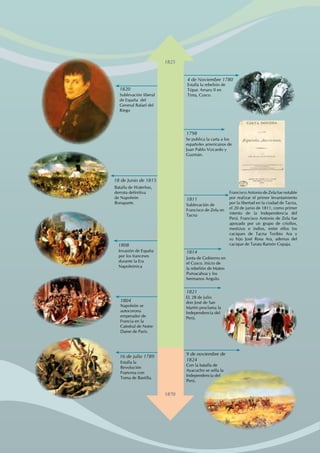 EL 28 de julio
don José de San
Martín proclama la
Independencia del
Perú.
Se publica la carta a los
españoles americanos de
Juan Pablo Vizcardo y
Guzmán.
Estalla la rebelión de
Túpac Amaru II en
Tinta, Cusco.
Junta de Gobierno en
el Cusco. Inicio de
la rebelión de Mateo
Pumacahua y los
hermanos Angulo.
1821
Batalla de Waterloo,
derrota definitiva
de Napoleón
Bonaparte.
Invasión de España
por los franceses
durante la Era
Napoleónica
Napoleón se
autocorona
emperador de
Francia en la
Catedral de Notre
Dame de París.
Sublevación liberal
de España del
General Rafael del
Riego
Estalla la
Revolución
Francesa con
Toma de Bastilla.
18 de Junio de 1815
4 de Noviembre 1780
1820
1808
1804
16 de julio 1789
1798
Sublevación de
Francisco de Zela en
Tacna
1811
1814
Con la batalla de
Ayacucho se sella la
Independencia del
Perú.
Francisco Antonio de Zela fue notable
por realizar el primer levantamiento
por la libertad en la ciudad de Tacna,
el 20 de junio de 1811, como primer
intento de la Independencia del
Perú. Francisco Antonio de Zela fue
apoyado por un grupo de criollos,
mestizos e indios, entre ellos los
caciques de Tacna Toribio Ara y
su hijo José Rosa Ara, ademas del
cacique de Tarata Ramón Copaja.
9 de noviembre de
1824
1825
1870
 