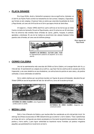 A.   PLAYA GRANDE :

              En el bajo Chillón, Ancón y Ventanilla la presencia Lima es significativa. Asimismo, en
     el distrito de Puente Piedra existen los monumentos de San Lorenzo, Campana y Copacabana,
     que forman un solo complejo. Al parecer hubo un camino que conectaba los poblados de Ancón
     y Playa Grande, así como una fotificación en el Cerro que separa Ancón de Santa Rosa.


              Al respecto L. Stumer (1953) identificó cuatro edificios en los Cerros que se hallan
     frente a la bahía de Ventanilla. Excavó en Playa Grande y ubicó 12 entierros con 30 individuos.
     Pero los entierros más notables llevan ofrendas de cuarzo, jadeíta, turquesa, la pislázuli,
     spondylus y obsidianas. En una de las tumbas se encontraron dos cabezas humanas trofeo
     puestas como ofrendas, así como aves de bellísimo plumaje.

                                                                                                        Poste Sagrado de
                                                                                                          Playa Grande




                                   TROMPETA DE CERÁMICA. CULTURA LIMA. FASE
                                   9. Representación zoomorfa de serpiente con la boca
                                   abierta.



B.   CERRO CULEBRA

              Uno de los asentamientos más conocidos del Chillón es Cerro Culebra, en la margen Norte del río y a
     3 km del mar. El asentamiento se compone de un edificio, cuya fase final de construcción le concede una forma
     trapezoidal, y una zona doméstica en sus alrededores, con estructuras de quincha en unos casos, y de piedras
     canteadas, a veces combinadas con adobitos.


              Cerro culebra destaca por sus pinturas murales con figuras de peces entrelazados, descubiertas por
     Stumer (1954) en una de las paredes del lado Sur del edificio y cerca de la escalera principal.




      ENTIERRO EN CERRO CULEBRA. Lleva fragmentos de
      cerámica sobre la camilla.
                                                                  ENTIERROS EN CERRO CULEBRA. Comparten una
                                                                  orientación similar.

C.   MEDIA LUNA

              Está a 1 km al Noreste de Culebra y por muchos años fue considerado un sitio del período inicial. Sin
     embrago las últimas excavaciones en 1982 demostrarían que es anterior a Cerro Culebra. Tiene 3 plataformas
     en la base del cerro, configurado una silueta escalonada en el horizonte las plataformas presentan rellenos de
     piedras y tierra suelta, y para lograr estabilidad se levantaron muros frontales con piedras irregulares
     pequeñas, que posiblemente se recubrieron con barro.
 