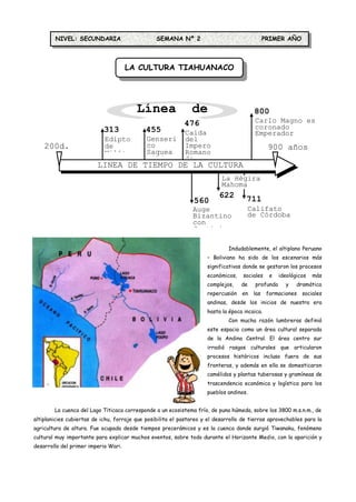NIVEL: SECUNDARIA                        SEMANA Nº 2                                  PRIMER AÑO



                                      LA CULTURA TIAHUANACO




                                         Línea de                                       800

                            313
                                           Tiempo
                                          455
                                                476                                      Carlo Magno es
                                                                                         coronado
                                                            Caída                        Emperador
                            Edipto           Genseri        del
    200d.                   de               co             Impero                             900 años
                            Milán            Saquea         Romano
      C                                      Milán          de                                   d.C.
                         LINEA DE TIEMPO DE LA CULTURA
                                   TIAHUANACO     La Hégira
                                                                           Mahoma
                                                                          622        711
                                                                560
                                                                Auge                  Califato
                                                                Bizantino             de Córdoba
                                                                con
                                                                Justiniano

                                                                              Indudablemente, el altiplano Peruano
                                                                     – Boliviano ha sido de los escenarios más
                                                                     significativos donde se gestaron los procesos
                                                                     económicos,    sociales    e   ideológicos   más
                                                                     complejos,    de    profunda     y    dramática
                                                                     repercusión   en   las    formaciones   sociales
                                                                     andinas, desde los inicios de nuestra era
                                                                     hasta la época incaica.
                                                                              Con mucha razón lumbreras definió
                                                                     este espacio como un área cultural separada
                                                                     de la Andina Central. El área centro sur
                                                                     irradió rasgos culturales que articularon
                                                                     procesos históricos incluso fuera de sus
                                                                     fronteras, y además en ella se domesticaron
                                                                     camélidos y plantas tuberosas y gramíneas de
                                                                     trascendencia económica y logística para los
                                                                     pueblos andinos.


        La cuenca del Lago Titicaca corresponde a un ecosistema frío, de puna húmeda, sobre los 3800 m.s.n.m., de
altiplanicies cubiertas de ichu, forraje que posibilita el pastoreo y el desarrollo de tierras aprovechables para la
agricultura de altura. Fue ocupada desde tiempos precerámicos y es la cuenca donde surgió Tiwanaku, fenómeno
cultural muy importante para explicar muchos eventos, sobre todo durante el Horizonte Medio, con la aparición y
desarrollo del primer imperio Wari.
 
