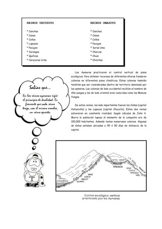 REINOS URCUSUYO                              REINOS UMASUYO

   * Canchas                                    * Canchas
   * Canas                                      * Canas
   * Collas                                     * Collas
   * Lupazas                                    * Pacajes
   * Pacajes                                    * Soras Uma
   * Carangas                                   * Charcas
   * Quillcas                                   * Chuis
   * Caracaras Urdu                             * Chinchas




                                  Los     Aymaras practicaron   el   control vertical   de   pisos
                               ecológicos. Para obtener recursos de diferentes alturas fundaron
                               colonias en diferentes pisos climáticos. Estas colonias también
                               tendrían que ser consideradas dentro de territorio dominado por
     Sabias que…               los aymaras. Las colonias de lado occidental recibían el nombre de
                               Alla-yungas y las de lado oriental eran conocidas como las Mancas
En los reinos aymaras rigió    Yungas.
el principio de dualidad. Es
   frecuente que cada reino       De estos reinos, los más importantes fueron los Collas (capital
tenga, con el mismo nombre,    Hatuncolla) y los Lupacas (capital Chucuito). Estos dos reinos
       un reino opuesto.       estuvieron en constante rivalidad. Según cálculos de John V.
                               Murra la población lupaza al momento de la conquista era de
                               100,000 habitantes. Además tenían numerosas colonias. Algunas
                               de éstas estaban ubicadas a 40 ó 50 días de distancia de la
                               capital.
 