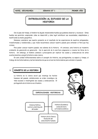 NIVEL: SECUNDARIA                        SEMANA Nº 1                            PRIMER AÑO




                            INTRODUCCIÓN AL ESTUDIO DE LA
                                      HISTORIA



       Con el paso del tiempo, el hombre ha dejado innumerables huellas que podemos observar y reconocer. Estas
huellas nos permiten comprender cómo se desarrolló y cómo logró satisfacer sus necesidades, adaptándose y
modificando su medio geográfico.
       Debemos considerar que nuestro presente es el resultado de las experiencias de nuestros antepasados,
transformadas y reelaboradas, y que todos necesitamos conocer nuestro pasado para entender el Perú que hoy
vivimos.
       Para poder conocer nuestro pasado, nos valemos de la Historia. Al comienzo, esta historia se transmita
oralmente de generación en generación. Con la aparición de la escritura empezaron a crearse los libros de la
historia.    Sin embargo, el hombre comenzó a preocuparse por explicar las causas y consecuencias de estos
acontecimientos y surgió la historia como ciencia.
       En esta unidad reflexionaremos sobre el concepto de Historia, sus protagonistas, su espacio y tiempo, el
trabajo de los historiadores y las herramientas de que se sirven los historiadores para estudiar el pasado.




1.     CONCEPTO DE LA HISTORIA


       La historia es la ciencia social que investiga los hechos
       humanos del pasado, estableciendo un orden cronológico de
       tales sucesos e investigando sus causas y consecuencias. El
       protagonista de la historia es el hombre.




                                       ESPECIALIDADES HISTORICAS




                             Historia Política                    Historia Económica
                           control y distribución                    evolución de la
                                 del poder                        actividad económica




                                              Historia de la Ciencia
                                                  Evolución del
                                              conocimiento humano
 