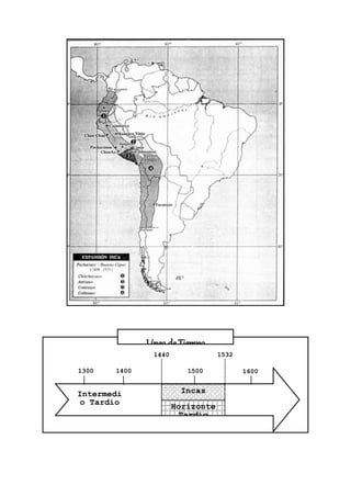Línea de Tiempo
               1440               1532
               d.C.               d.C.
1300   1400              1500            1600
a.C.   d.C.              d.C.            d.C.

Intermedi               Incas
 o Tardío
                      Horizonte
                        Tardío
 
