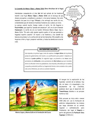 La Leyenda de Manco Cápac y Mama Ocllo (Inca Gracilazo de la Vega)                       Esta leyenda
                                                                                       representaría la
Habiéndose compadecido el dios Sol del mal estado de los hombres,                    conquista del Cusco
                                                                                     por grupos de Collas
mandó a sus hijos Manco Cápac y Mama Ocllo con el encargo de que
                                                                                          y Aymaras
diesen preceptos y enseñaran a producir a los seres humanos. Con este
mandato los puso en el lago Titicaca y les entregó una varilla de oro,
ordenándoles que ahí donde se hundiese fundaran una ciudad y un reino.
La pareja caminó mucho tiempo rumbo al norte. Un día llegaron a
Pacaritambo, que significa “posada del amanecer”, allí, en el cerro llamado
Huanacauri, la varilla de oro se hundió. Entonces Manco Cápac dijo a
Mama Ocllo: “En este valle manda nuestro padre el Sol que paremos y
hagamos nuestro asiento”. El reunió a los hombres y les enseñó las
labores de producir y la confección de las herramientas. Ella enseñó a las
mujeres a hilar y tejer, preparar vestidos, y todos los demás servicios de
casa.




                                       INTERPRETACIÓN
               Esta leyenda, en primer lugar, trata de explicar el origen divino de la primera
               pareja de gobernantes del incario y su justificación para poder ir dejando en
               herencia el poder político. En segundo lugar, se presenta a los incas como
               portadores de civilización, como portadoras de Alta Cultura que por mandato
               divino la difunden entre los pobladores. Esta leyenda, difundida por la nobleza
               cuzqueña, pretendió justificar su hegemonía frente a otros estados a los cuales
               veía como inferiores, así como su carácter imperial.




                                                                         Al margen de la explicación de las
                                                                         leyendas –versión de la nobleza- hoy
                                                                         día, en base a la arqueología y los
                                                                         documentos        de    los   cronistas,
                                                                         podemos decir que el desarrollo del
                                                                         Tawantinsuyu obedece a un proceso
                                                                         histórico real.


                                                                         Este proceso se inicia más o menos
                                                                         1200 años d.C. con la formación de
                                                                         señoríos independientes, los mismos
                                                                         que luego devienen en un estado
                                                                         regional    o     confederación,   para
                                                                         finalmente, dar lugar al Imperio a
Manco Capac y Mama Ocllo en la fundación del Cusco                       partir del gobierno de Pachacuti Inca
                                                                         Yupanqui (1 438 d.C.)
 