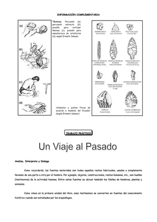 INFORMACIÓN COMPLEMENTARIA

                                  Técnicas:    Percusión    (a),
                                  percusión    indirecta    (b),
    (a)
                                  presión     para     extirpar
                                  láminas (c), presión para
                                  manufactura de artefactos
                                  (d), según Ernesto Salazar.




   (b)




   (c)




   (d)

                                     Utensilios y puntas líticas de
                                     acuerdo a modelos del Ecuador
                                     (según Ernesto Salazar)




                                                TRABAJO PRÁCTICO




Analiza, Interpreta y Dialoga


          Como recordarás, las fuentes materiales son todos aquellos restos fabricados, usados o simplemente
llevados de una parte a otra por el hombre. Por ejemplo, objetos, construcciones, restos humanos, etc., son huellas
(testimonios) de la actividad humana. Entre estas fuentes se ubican también los fósiles de hombres, plantas y
animales.


          Como vimos en la primera unidad del libro, esos testimonios se convierten en fuentes del conocimiento
histórico cuando son estudiados por los arqueólogos.
 