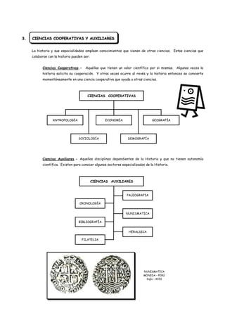 3.   CIENCIAS COOPERATIVAS Y AUXILIARES


     La historia y sus especialidades emplean conocimientos que vienen de otras ciencias. Estas ciencias que
     colaboran con la historia pueden ser:


           Ciencias Cooperativas.-     Aquellas que tienen un valor científico por si mismas. Algunas veces la
           historia solicita su cooperación. Y otras veces ocurre al revés y la historia entonces se convierte
           momentáneamente en una ciencia cooperativa que ayuda a otras ciencias.



                                        CIENCIAS COOPERATIVAS




                  ANTROPOLOGÍA                     ECONOMÍA                     GEOGRAFÍA




                                  SOCIOLOGÍA                     DEMOGRAFÍA




           Ciencias Auxiliares.- Aquellas disciplinas dependientes de la Historia y que no tienen autonomía
           científica. Existen para conocer algunos sectores especializados de la Historia.



                                             CIENCIAS AUXILIARES



                                                                PALEOGRAFIA

                                   CRONOLOGÍA


                                                                NUNISMATICA

                                  BIBLIOGRAFÍA


                                                                 HERALDICA

                                    FILATELIA




                                                                           NUNISMATICA
                                                                           MONEDA – PERÚ
                                                                            Siglo - XVII
 