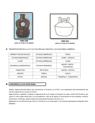 CERÁMICA CHAVÍN                                                 CERÁMICA NAZCA
         EJEMPLO DE UCLTURA EN UN HORIZONTE                             EJEMPLO DE CULTURA EN UN INTERMEDIO


PERIODIFICACIÓN DE LA ALTA CULTURA PERUANA SEGÚN DR. LUIS GUILLERMO LUMBRERAS.


  IMPERIO TAHUANTINSUYO                       ESTADOS IMPERIALES                          INCAS

    ESTADOS REGIONALES                        ESTADOS IMPERIALES                  CHIMÚ – CHINCHA

              HUARI                           ESTADOS IMPERIALES                          HUARI

                                                                                   MOCHE – NAZCA –
 DESARROLLOS REGIONALES                       ESTADOS PRIMARIOS
                                                                                     TIAHUANACO

             FORMATIVO                            JEFATURAS                       CHAVIN – KOTOSH

             ARCAICO                               TRIBUS                                CHILCA

              LÍTICO                               BANDAS                   TOQUEPALA – HUIRACOCHA




 CÁRACTERÍSTICAS EN LA ALTA CULTURA PERUANA


Veamos, algunos patrones básicos que caracterizan el formativo en el Perú, o las expresiones más sobresalientes que
indican la aparición de la cultura en el Perú.
Especialización y esplendor artesanal; la especialización en el trabajo es inherente al cuadro cultural del Formativo, por
cuanto el cultivo desarrollado lleva a la vida sedentaria. Sólo así se explica el Florecimiento de las artesanías: cerámica,
litoescultura, metalurgia, tejidos arquitectura monumental de piedra y de barro, etc.
Repasemos las características que ofrece el formativo en el concerniente a las diversas expresiones artesanales antes
señaladas.
 