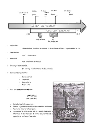 594: Solón           496: Resulta         323 : Muere                7371 : Rebelión
                   753 : Fundación de                                 del Monte                                          de
                           Roma          gobierna                     Sacro        Alejandro                             Espartaco
                                                    Atenas                                     Magno



                                                                                                                                        A.C.

                                        LÍNEA DE TIEMPO
                                                                           CULTURA PARACAS                                               A.C.

                                700                                                                                                    100
                                                           Siglo V                    480
                                                    El siglo de Pericles              425
                                                                             Vivió Herodoto Padre
                                                                                 de la historia
   Ubicación :

                        Cerro Colorado, Península de Paracas; 15 km de Puerto de Pisco , Departamento de Ica.

   Descubridor:

                        Julio C. Tello – 1925

   Extensión:

                        Toda la Península de Paracas

   Cronología: 700 – 100 a.C.

                        Sin embargo podemos hablar de dos períodos.

   Centros más importantes:

                   -    Cerro colorado
                   -    Tajahuana
                   -    Cabeza Larga
                   -    Media Luna


   LOS PERIODOS CULTURALES:



                                  CAVERNAS
                                 (700 – 300 a.C.)                                                                                     ATRIO
                                                                                                                                TUBO


        Sociedad: agrícola y guerrera.                                                                                               CAVERNA
        Capital: Tajahuana principal centro ceremonial media luna.                                                                        FARDOS
        Textilería: Inferior o Necrópolis.                                                                                              FUNERARIOS

        Sus tumbas se caracterizan por las cámaras funerarias en forma
        Uterina o de botella hasta 8 metros de profundidad donde se
        depositaron los fardos funerarios.

                                                                                                       CAVERNAS FUNERARIA: CORTE VERTICAL
 
