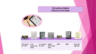 Periodismo Digital
Historia en Ecuador
5 de enero
de 1792
9 de
octubre de
1820
21 de abril
de 1821
desde
1821 hasta
1827
1830 1860 fines del
siglo XIX
 