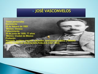 Datos personalesNacimiento28 de febrero de 1882México, OaxacaFallecimiento30 de junio de 1959, 77añosMéxico, Ciudad de MéxicoProfesiónAbogado, político, escritor, educador, funcionario público y filósofoSECRETARIO DE EDUCACION PUBLICA (1921-1924) 
JOSÉ VASCONVELOS  