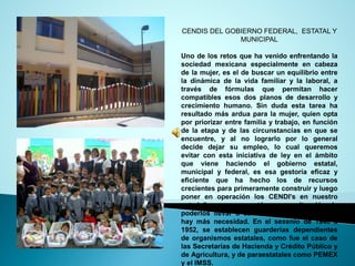 CENDIS DEL GOBIERNO FEDERAL, ESTATAL Y MUNICIPAL 
Unodelosretosquehavenidoenfrentandolasociedadmexicanaespecialmenteencabezadelamujer,eseldebuscarunequilibrioentreladinámicadelavidafamiliarylalaboral,atravésdefórmulasquepermitanhacercompatiblesesosdosplanosdedesarrolloycrecimientohumano.Sindudaestatareaharesultadomásarduaparalamujer,quienoptaporpriorizarentrefamiliaytrabajo,enfuncióndelaetapaydelascircunstanciasenqueseencuentre,yalnolograrloporlogeneraldecidedejarsuempleo,locualqueremosevitarconestainiciativadeleyenelámbitoquevienehaciendoelgobiernoestatal, municipalyfederal,esesagestoríaeficazyeficientequehahecholosderecursoscrecientesparaprimeramenteconstruiryluegoponerenoperaciónlosCENDI’sennuestroestado”yaqueseestáenunasituacióndepoderlosllevaracaboenloslugaresdondehaymásnecesidad.Enelsexeniode1946a1952,seestablecenguarderíasdependientesdeorganismosestatales,comofueelcasodelasSecretaríasdeHaciendayCréditoPúblicoydeAgricultura,ydeparaestatalescomoPEMEXyelIMSS.  