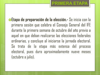 PRIMERA ETAPA


Etapa  de preparación de la elección.- Se inicia con la
 primera sesión que celebra el Consejo General del IFE
 durante la primera semana de octubre del año previo a
 aquel en que deban realizarse las elecciones federales
 ordinarias, y concluye al iniciarse la jornada electoral.
 Se trata de la etapa más extensa del proceso
 electoral, pues dura aproximadamente nueve meses
 (octubre a julio).
 