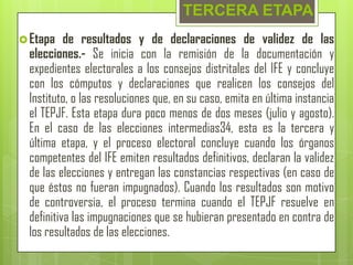 TERCERA ETAPA
 Etapa    de resultados y de declaraciones de validez de las
  elecciones.- Se inicia con la remisión de la documentación y
  expedientes electorales a los consejos distritales del IFE y concluye
  con los cómputos y declaraciones que realicen los consejos del
  Instituto, o las resoluciones que, en su caso, emita en última instancia
  el TEPJF. Esta etapa dura poco menos de dos meses (julio y agosto).
  En el caso de las elecciones intermedias34, esta es la tercera y
  última etapa, y el proceso electoral concluye cuando los órganos
  competentes del IFE emiten resultados definitivos, declaran la validez
  de las elecciones y entregan las constancias respectivas (en caso de
  que éstos no fueran impugnados). Cuando los resultados son motivo
  de controversia, el proceso termina cuando el TEPJF resuelve en
  definitiva las impugnaciones que se hubieran presentado en contra de
  los resultados de las elecciones.
 