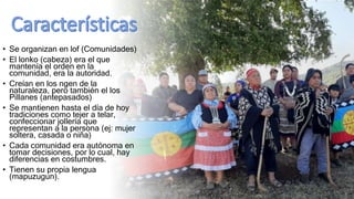 • Se organizan en lof (Comunidades)
• El lonko (cabeza) era el que
mantenía el orden en la
comunidad, era la autoridad.
• Creían en los ngen de la
naturaleza, pero también el los
Pillanes (antepasados)
• Se mantienen hasta el día de hoy
tradiciones como tejer a telar,
confeccionar jollería que
representan a la persona (ej: mujer
soltera, casada o niña)
• Cada comunidad era autónoma en
tomar decisiones, por lo cual, hay
diferencias en costumbres.
• Tienen su propia lengua
(mapuzugun).
 