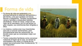 • Su forma de vida era sedentario y su
principal alimento lo obtenían del guanaco y
del ñandú, a los que cazaban con arcos,
flechas y boleadoras. También recolectaban
raíces y semillas y preparaban bebidas
alcohólicas. Vivían en rukas, creían en los
ngen de la naturaleza, por la cual tenían un
gran respeto, sus ceremonias iban dirigidas a
ellos.
• La música y cantos eran muy importantes
para dar a conocer sentimientos, pero
principalmente para las ceremonias, en
donde creían que se conectaban mejor con
los ngen.
• Tenían costumbre familiares como conversar
rodeando el fogón de la casa, en donde se
aconsejaba a los niños y a través de los
juegos que practicaban iban fortaleciendo “El
ser mapuches”.
 