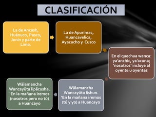 La de Ancash,
Huánuco, Pasco,
Junín y parte de
Lima.
La de Apurímac,
Huancavelica,
Ayacucho y Cusco
En el quechua wanca:
ya’anchic, ya’acuna;
‘nosotros’ incluye al
oyente u oyentes
Wälamancha
Wancayüta lishun.
‘En la mañana iremos
(tú y yo) a Huancayo
Wälamancha
Wancayüta lipäcusha.
‘En la mañana iremos
(nosotros pero no tú)
a Huancayo
CLASIFICACIÓN
 