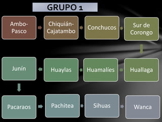 Ambo-
Pasco
Chiquián-
Cajatambo
Conchucos Sur de
Corongo
HuallagaHuamalíesHuaylasJunín
Pacaraos Pachitea Sihuas Wanca
GRUPO 1
 