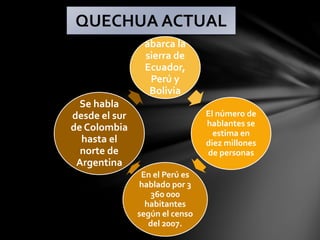 abarca la
sierra de
Ecuador,
Perú y
Bolivia
El número de
hablantes se
estima en
diez millones
de personas
En el Perú es
hablado por 3
360 000
habitantes
según el censo
del 2007.
Se habla
desde el sur
de Colombia
hasta el
norte de
Argentina
QUECHUA ACTUAL
 