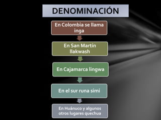 En Colombia se llama
inga
En San Martín
llakwash
En Cajamarca lingwa
En el sur runa simi
En Huánuco y algunos
otros lugares quechua
DENOMINACIÓN
 