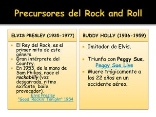 ELVIS PRESLEY (1935-1977)
 El Rey del Rock, es el
primer mito de este
género.
 Gran intérprete del
Country.
 En 1953, de la mano de
Sam Philips, nace el
rockabilly (voz
desgarrada, ritmo
exitante, baile
provocador).
Elvis Presley
"Good´Rockin´Tonight" 1954
BUDDY HOLLY (1936-1959)
 Imitador de Elvis.
 Triunfa con Peggy Sue.
Peggy Sue Live
 Muere trágicamente a
los 22 años en un
accidente aéreo.
 
