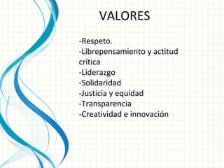 VALORES -Respeto. -Librepensamiento y actitud crítica  -Liderazgo  -Solidaridad  -Justicia y equidad  -Transparencia  -Creatividad e innovación 