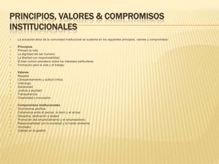 PRINCIPIOS, VALORES & COMPROMISOS
INSTITUCIONALES
   La actuación ética de la comunidad institucional se sustenta en los siguientes principios, valores y compromisos:

   Principios
   Primero la vida
   La dignidad del ser humano
   La libertad con responsabilidad
   El bien común prevalece sobre los intereses particulares
   Formación para la vida y el trabajo

   Valores
   Respeto
   Librepensamiento y actitud crítica
   Liderazgo
   Solidaridad
   Justicia y equidad
   Transparencia
   Creatividad e innovación

   Compromisos institucionales
   Convivencia pacífica
   Coherencia entre el pensar, el decir y el actuar
   Disciplina, dedicación y lealtad
   Promoción del emprendimiento y el empresarismo
   Responsabilidad con la sociedad y el medio ambiente
   Honradez
   Calidad en la gestión

 