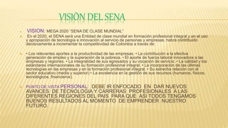 VISIÒN DEL SENA
 VISION: MEGA 2020 “SENA DE CLASE MUNDIAL”
 En el 2020, el SENA será una Entidad de clase mundial en formación profesional integral y en el uso
y apropiación de tecnología e innovación al servicio de personas y empresas; habrá contribuido
decisivamente a incrementar la competitividad de Colombia a través de:
 • Los relevantes aportes a la productividad de las empresas. • La contribución a la efectiva
generación de empleo y la superación de la pobreza. • El aporte de fuerza laboral innovadora a las
empresas y regiones. • La integralidad de sus egresados y su vocación de servicio. • La calidad y los
estándares internacionales de su formación profesional integral. • La incorporación de las últimas
tecnologías en las empresas y en la formación profesional integral. • Su estrecha relación con el
sector educativo (media y superior) • La excelencia en la gestión de sus recursos (humanos, físicos,
tecnológicos, financieros).
 PUNTO DE VISTA PERSONAL: DEBE IR ENFOCADO EN DAR NUEVOS
AVANCES DE TECNOLOGIA Y CARRERAS PROFESIONALES A LAS
DIFERENTES REGIONES DEL PAIS PARA QUE ASI TODOS TENGAMOS
BUENOS RESULTADOS AL MOMENTO DE EMPRENDER NUESTRO
FUTURO.
 