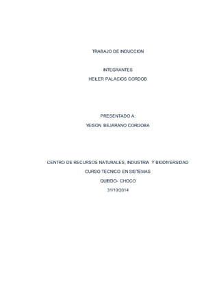 TRABAJO DE INDUCCION
INTEGRANTES
HEILER PALACIOS CORDOB
PRESENTADO A:
YEISON BEJARANO CORDOBA
CENTRO DE RECURSOS NATURALES, INDUSTRIA Y BIODIVERSIDAD
CURSO TECNICO EN SISTEMAS
QUIBDO- CHOCO
31/10/2014
 