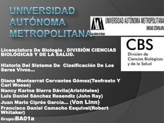 Licenciatura De Biología . DIVISIÓN CIENCIAS
BIOLÓGICAS Y DE LA SALUD.
Historia Del Sistema De Clasificación De Los
Seres Vivos…
Diana Montserrat Cervantes Gómez(Teofrasto Y
Carl Woese)
Nancy Karina Sierra Dávila(Aristóteles)
Luis Daniel Sánchez Resendiz (John Ray)
Juan Mario Ciprés García… (Von Linn)
Francisco Daniel Camacho Esquivel(Robert
Whitaker)
Grupo:BA01a
 