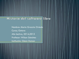 Nombre: Maria Grazzia Oviedo
Curso; Octavo
Año lectivo; 2014;2015
Profesor: Wilson Sánchez
Institución: Glenn Doman
 