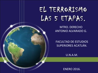 EL TERRORISMOEL TERRORISMO
LAS 5 ETAPAS.LAS 5 ETAPAS.
MTRO. DERECHO
ANTONIO ALVARADO G.
FACULTAD DE ESTUDIOS
SUPERIORES ACATLÁN.
U.N.A.M.
ENERO 2016.
 