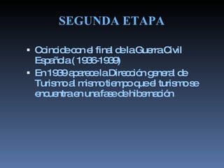 SEGUNDA ETAPA <ul><li>Coincide con el final de la Guerra Civil Española ( 1936-1939) </li></ul><ul><li>En 1939 aparece la ...
