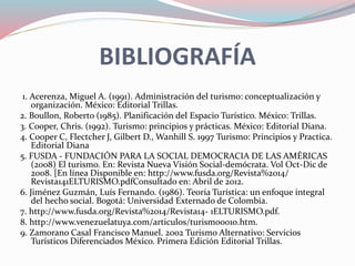 BIBLIOGRAFÍA
1. Acerenza, Miguel A. (1991). Administración del turismo: conceptualización y
organización. México: Editorial Trillas.
2. Boullon, Roberto (1985). Planificación del Espacio Turístico. México: Trillas.
3. Cooper, Chris. (1992). Turismo: principios y prácticas. México: Editorial Diana.
4. Cooper C, Flectcher J, Gilbert D., Wanhill S. 1997 Turismo: Principios y Practica.
Editorial Diana
5. FUSDA - FUNDACIÓN PARA LA SOCIAL DEMOCRACIA DE LAS AMÉRICAS
(2008) El turismo. En: Revista Nueva Visión Social-demócrata. Vol Oct-Dic de
2008. [En línea Disponible en: http://www.fusda.org/Revista%2014/
Revista141ELTURISMO.pdfConsultado en: Abril de 2012.
6. Jiménez Guzmán, Luís Fernando. (1986). Teoría Turística: un enfoque integral
del hecho social. Bogotá: Universidad Externado de Colombia.
7. http://www.fusda.org/Revista%2014/Revista14- 1ELTURISMO.pdf.
8. http://www.venezuelatuya.com/articulos/turismo0010.htm.
9. Zamorano Casal Francisco Manuel. 2002 Turismo Alternativo: Servicios
Turísticos Diferenciados México. Primera Edición Editorial Trillas.
 