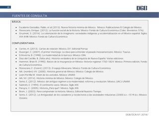 DGB/DCA/01-2018/
26
BÁSICA:
 Escalante Gonzalbo, Pablo, et al (2013). Nueva historia mínima de México. México: Publicaciones El Colegio de México.
 Florescano, Enrique. (2012). La función social de la historia. México: Fondo de Cultura Económica (Colec. Breviarios; 576).
 Gruzinski, S. (2016). La colonización de lo imaginario: sociedades indígenas y occidentalización en el México español. Siglos
XVI-XVIII. México: Fondo de Cultura Económica.
COMPLEMENTARIA:
 Cortés, H. (2013). Cartas de relación. México, D.F. Editorial Porrúa
 Duverger, C. (2007). El primer mestizaje. La clave para entender el pasado mesoamericano. México: Taurus.
 Echeverría, B. (1998); La modernidad de lo barroco. México: ERA.
 Díaz del Castillo, B. (falta año). Historia verdadera de la conquista de Nueva España. Varias ediciones.
 Hammet, Brian R. (1990). Raíces de la insurgencia en México: historia regional 1750-1824. México: Primera edición, Fondo
de Cultura Económica.
 Florescano, E. (Coord.) (2013). El espejo Mexicano. México: Fondo de Cultura Económica.
 AA. (nombre) VV. (2000). Historia general de México. México: Colegio de México.
 León-Portilla M. Visión de los vencidos. México: UNAM
 AA, VV. (2014). Historia mínima de México. México: Colegio de México.
 Semo, E. (2012). México: del antiguo régimen a la modernidad, reforma y revolución. México, UACJ-UNAM.
 Subirats, E. (1994). El continente vacío. México, Siglo XXI.
 Pareyra, C. (2005). Historia ¿Para qué?. México, Siglo XXI.
 Brom, J. (2003). Para comprender la historia. México, Editorial Nuestro Tiempo.
 Semo, E. (2012). La Antigüedad: de los cazadores y recolectoras a las sociedades tributarias 22000 a.c.-1519 d.c. México:
Océano.
FUENTES DE CONSULTA
 