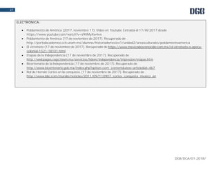 DGB/DCA/01-2018/
27
ELECTRÓNICA:
 Poblamiento de América (2017, noviembre 17). Video en Youtube. Extraída el 17/XI/2017 desde
https://www.youtube.com/watch?v=sFKIMyXw4rw
 Poblamiento de América (17 de noviembre de 2017). Recuperado de
http://portalacademico.cch.unam.mx/alumno/historiademexico1/unidad2/areasculturales/poblamientoamerica
 El virreinato (17 de noviembre de 2017). Recuperado de https://www.mexicodesconocido.com.mx/el-virreinato-o-epoca-
colonial-1521-18101.html
 Etapas de la Independencia (17 de noviembre de 2017). Recuperado de
http://webpages.cegs.itesm.mx/servicios/hdem/independencia/impresion/etapas.htm
 Bicentenario de la Independencia (17 de noviembre de 2017). Recuperado de
http://www.bicentenario.gob.mx/index.php?option=com_content&view=article&id=467
 Rol de Hernán Cortes en la conquista. (17 de noviembre de 2017). Recuperado de
http://www.bbc.com/mundo/noticias/2011/09/110907_cortes_conquista_mexico_an
 