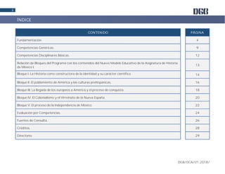 DGB/DCA/01-2018/
3
CONTENIDO PÁGINA
Fundamentación. 4
Competencias Genéricas. 9
Competencias Disciplinares Básicas. 12
Relación de Bloques del Programa con los contenidos del Nuevo Modelo Educativo de la Asignatura de Historia
de México I.
13
Bloque I. La Historia como constructora de la identidad y su carácter científico. 14
Bloque II. El poblamiento de América y las culturas prehispánicas. 16
Bloque III. La llegada de los europeos a América y el proceso de conquista. 18
Bloque IV. El Colonialismo y el Virreinato de la Nueva España. 20
Bloque V. El proceso de la Independencia de México. 22
Evaluación por Competencias. 24
Fuentes de Consulta. 26
Créditos. 28
Directorio. 29
ÍNDICE
 
